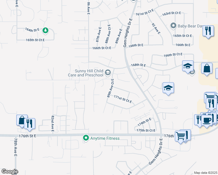 map of restaurants, bars, coffee shops, grocery stores, and more near 17002 89th Avenue Court East in Puyallup