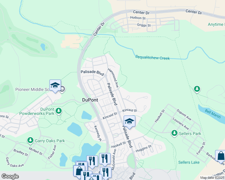 map of restaurants, bars, coffee shops, grocery stores, and more near 2120 Palisade Boulevard in DuPont
