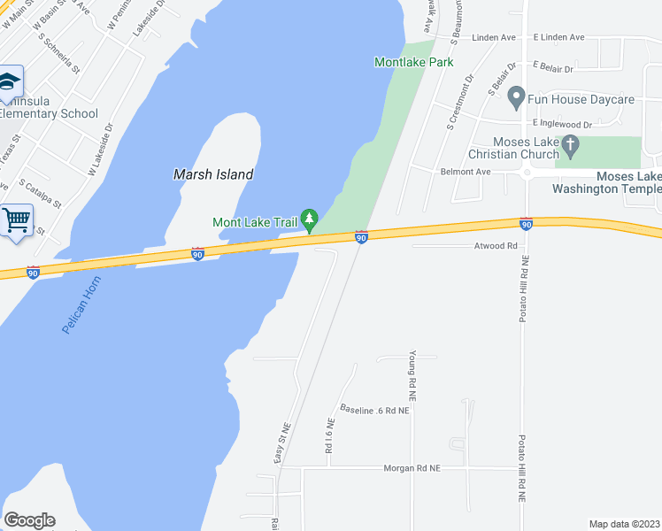 map of restaurants, bars, coffee shops, grocery stores, and more near 968 Easy Street Northeast in Moses Lake