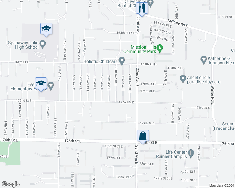 map of restaurants, bars, coffee shops, grocery stores, and more near 17101 20th Avenue Court East in Spanaway