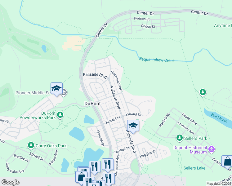 map of restaurants, bars, coffee shops, grocery stores, and more near 2120 Palisade Boulevard in DuPont