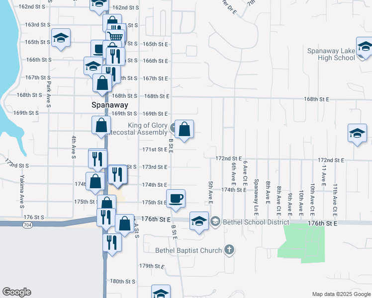 map of restaurants, bars, coffee shops, grocery stores, and more near 213 171st Street East in Spanaway