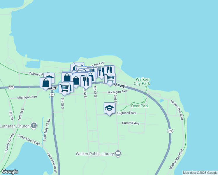 map of restaurants, bars, coffee shops, grocery stores, and more near 205 Minnesota Avenue West in Walker
