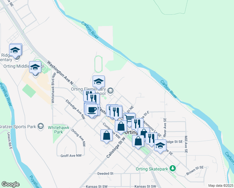 map of restaurants, bars, coffee shops, grocery stores, and more near 307 Bowlin Avenue Northeast in Orting