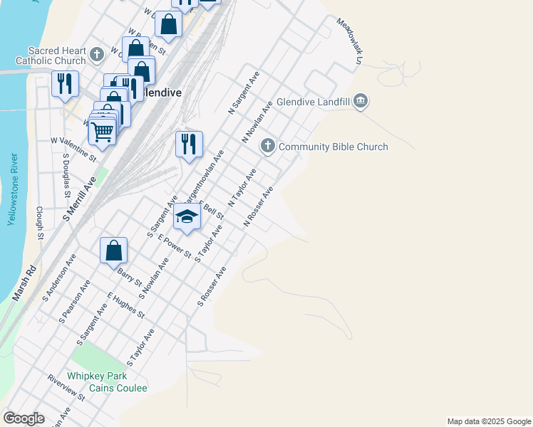 map of restaurants, bars, coffee shops, grocery stores, and more near 713 East Towne Street in Glendive