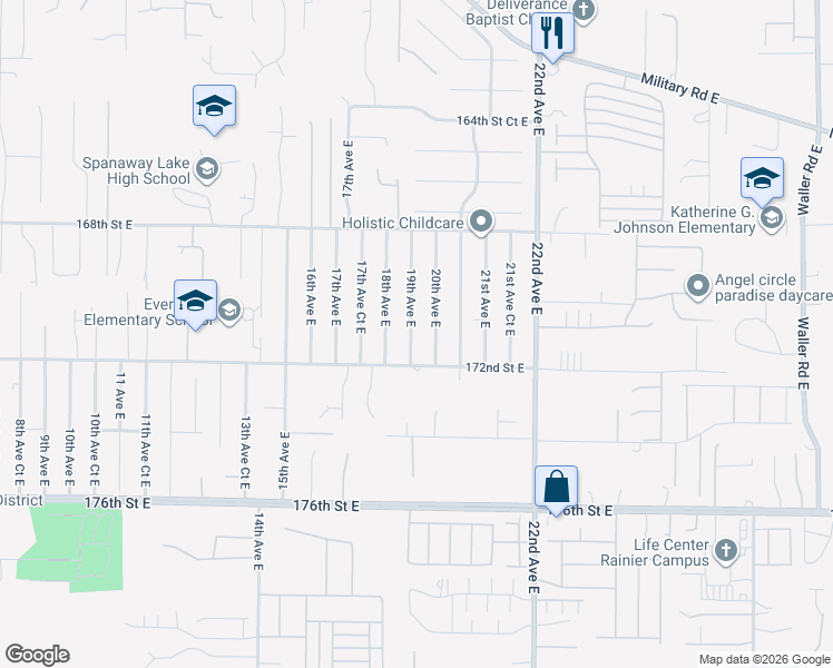 map of restaurants, bars, coffee shops, grocery stores, and more near 17101 19th Avenue East in Spanaway