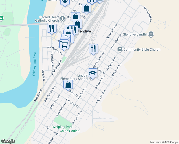 map of restaurants, bars, coffee shops, grocery stores, and more near 112 South Nowlan Avenue in Glendive