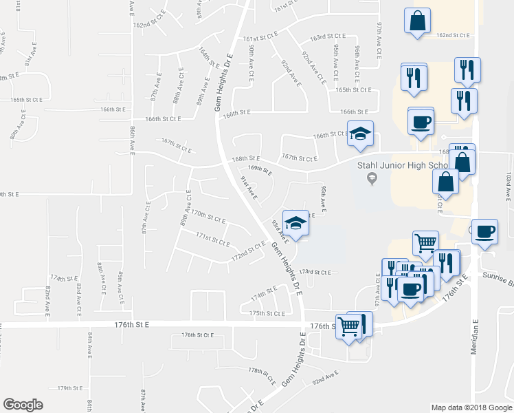 map of restaurants, bars, coffee shops, grocery stores, and more near 17002 91st Avenue East in Puyallup