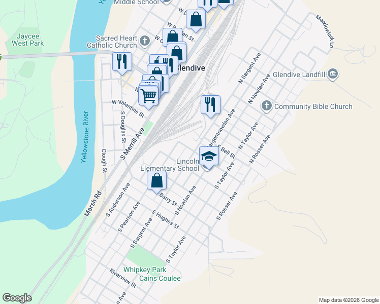 map of restaurants, bars, coffee shops, grocery stores, and more near 200 South Sargent Avenue in Glendive