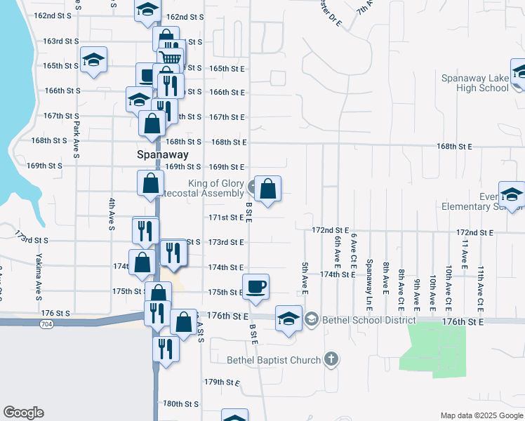 map of restaurants, bars, coffee shops, grocery stores, and more near 213 171st Street East in Spanaway