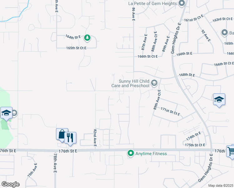 map of restaurants, bars, coffee shops, grocery stores, and more near 17018 84th Avenue Court East in Puyallup