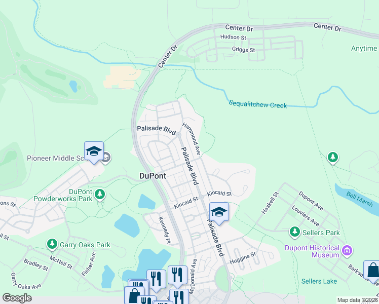 map of restaurants, bars, coffee shops, grocery stores, and more near 2148 Palisade Boulevard in DuPont