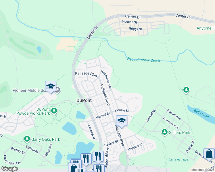 map of restaurants, bars, coffee shops, grocery stores, and more near 2120 Palisade Boulevard in DuPont