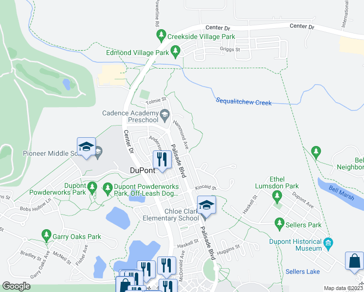 map of restaurants, bars, coffee shops, grocery stores, and more near 2127 Hammond Avenue in DuPont