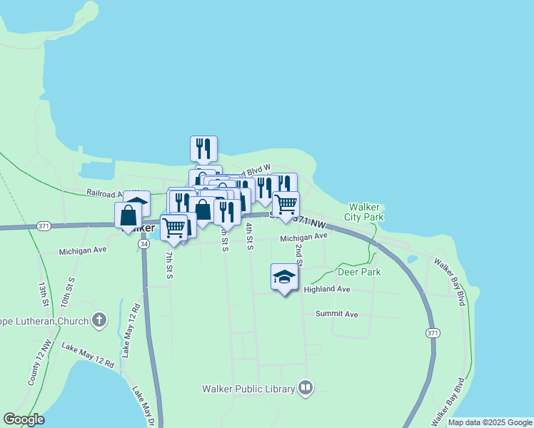map of restaurants, bars, coffee shops, grocery stores, and more near 205 Minnesota Avenue West in Walker
