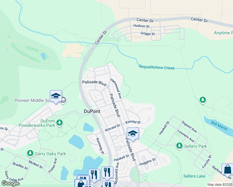 map of restaurants, bars, coffee shops, grocery stores, and more near 2120 Palisade Boulevard in DuPont