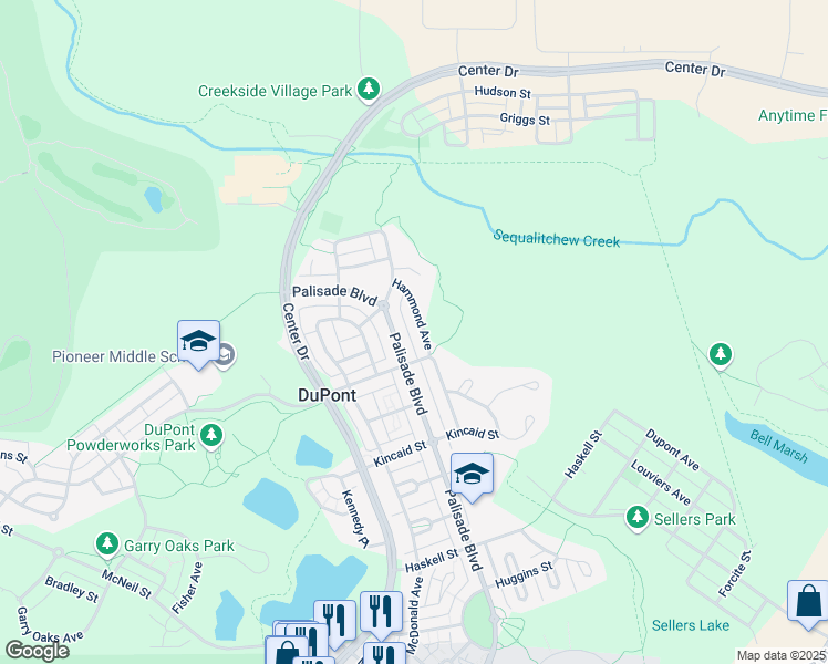 map of restaurants, bars, coffee shops, grocery stores, and more near 2120 Palisade Boulevard in DuPont