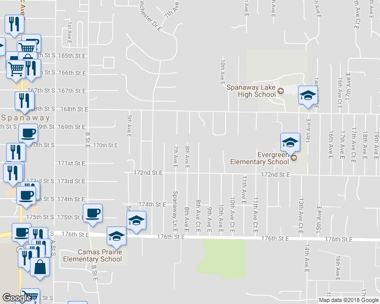 map of restaurants, bars, coffee shops, grocery stores, and more near 17015 8th Avenue East in Spanaway