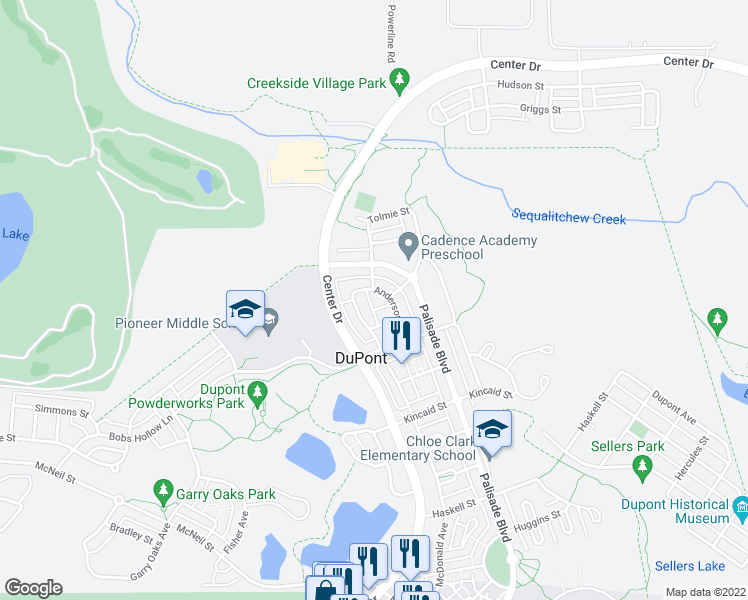map of restaurants, bars, coffee shops, grocery stores, and more near 2233 Anderson Avenue in DuPont