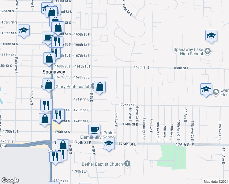 map of restaurants, bars, coffee shops, grocery stores, and more near 17016 5th Avenue East in Spanaway