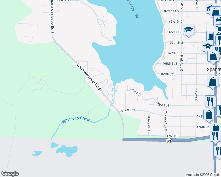 map of restaurants, bars, coffee shops, grocery stores, and more near 17303 Spanaway Loop Road South in Spanaway