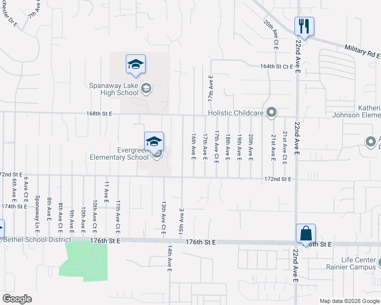 map of restaurants, bars, coffee shops, grocery stores, and more near 17104 16th Avenue East in Spanaway