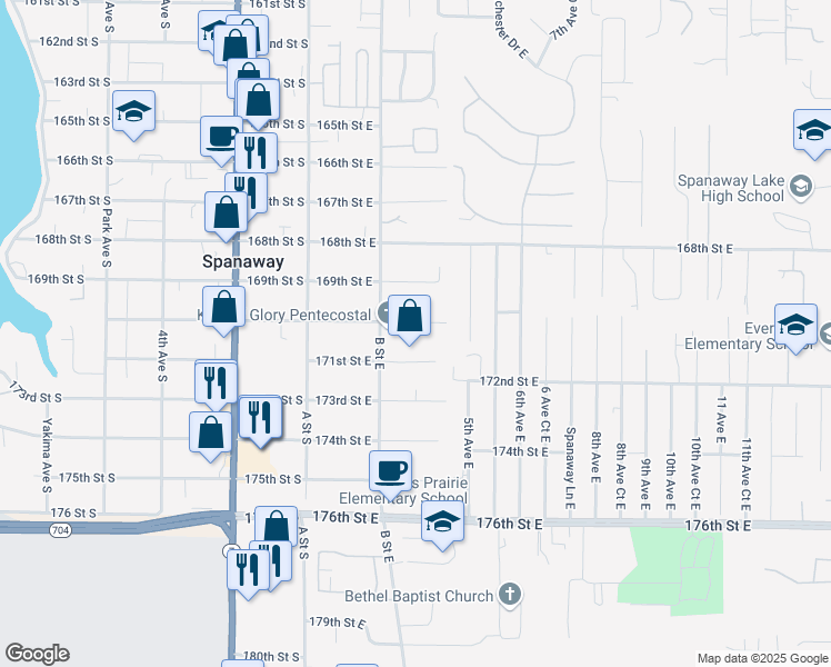 map of restaurants, bars, coffee shops, grocery stores, and more near 213 171st Street East in Spanaway