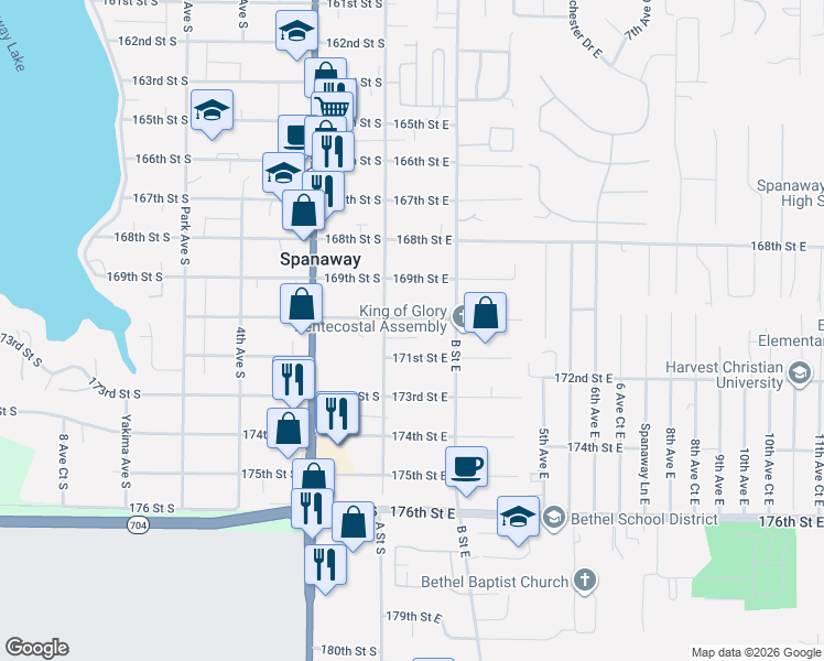 map of restaurants, bars, coffee shops, grocery stores, and more near 101 171st Street South in Spanaway