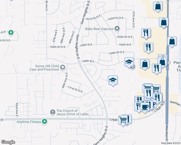 map of restaurants, bars, coffee shops, grocery stores, and more near 17002 91st Avenue East in Puyallup