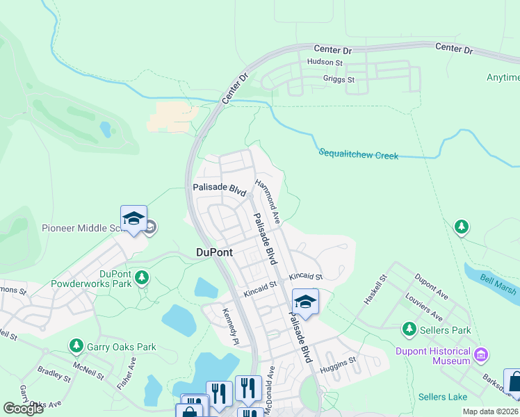 map of restaurants, bars, coffee shops, grocery stores, and more near 2166 Palisade Boulevard in DuPont