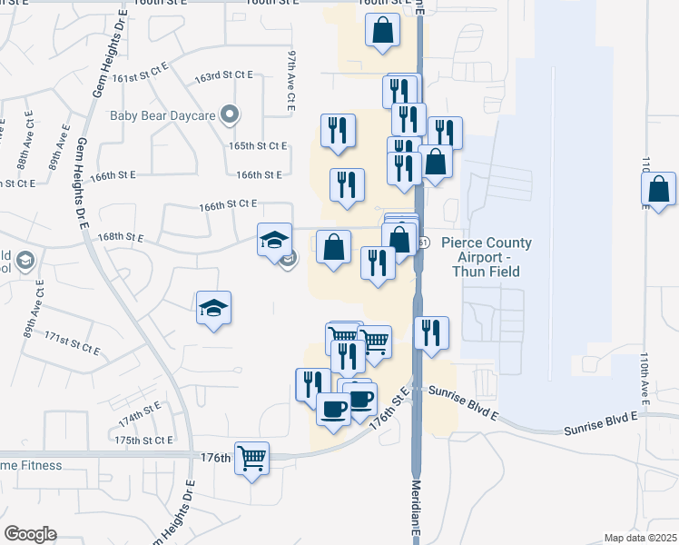 map of restaurants, bars, coffee shops, grocery stores, and more near 16918 Meridian Avenue East in Puyallup