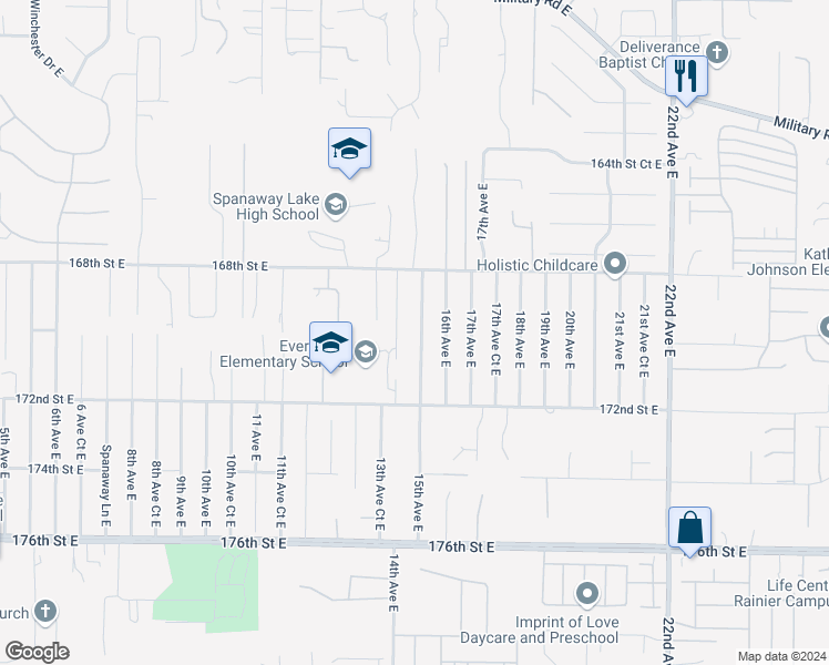 map of restaurants, bars, coffee shops, grocery stores, and more near 16924 15th Avenue East in Spanaway