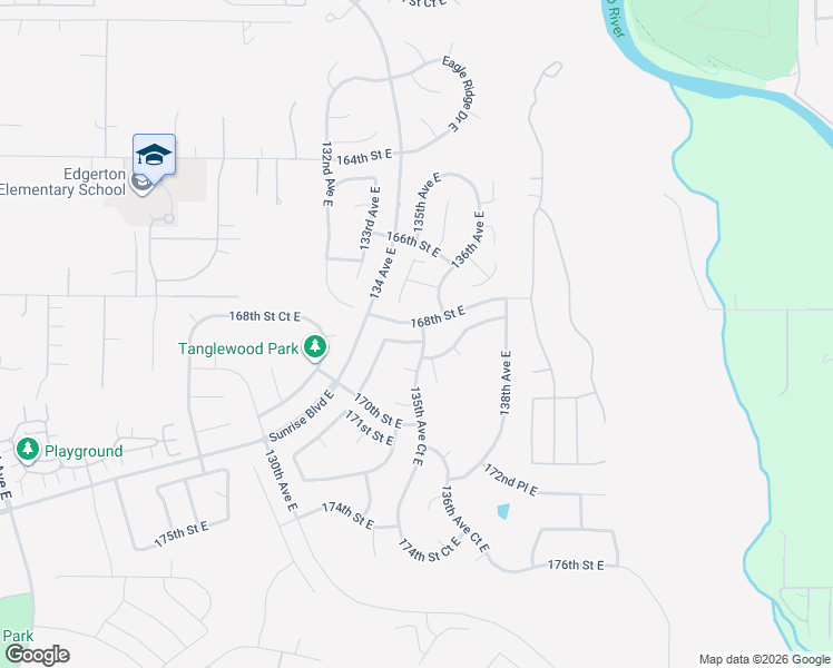 map of restaurants, bars, coffee shops, grocery stores, and more near 13503 168th Street Court East in Puyallup