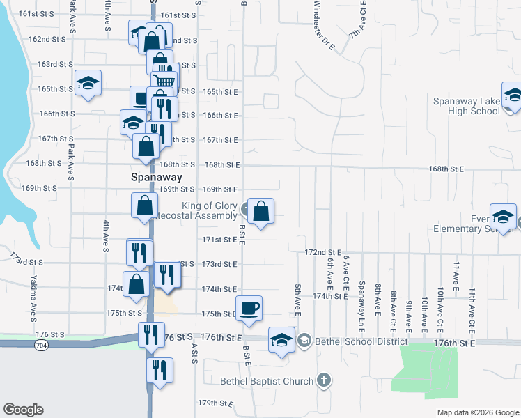 map of restaurants, bars, coffee shops, grocery stores, and more near 217 170th Street East in Spanaway