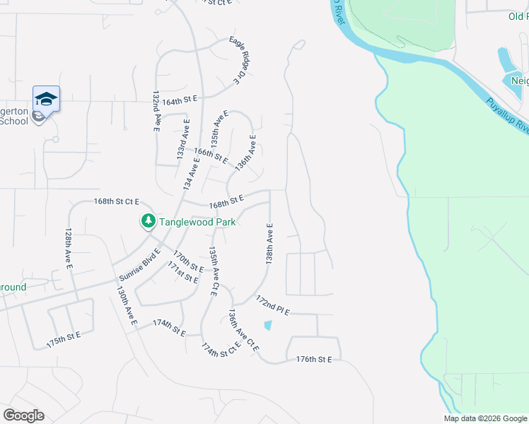 map of restaurants, bars, coffee shops, grocery stores, and more near 13705 168th Street Court East in Puyallup