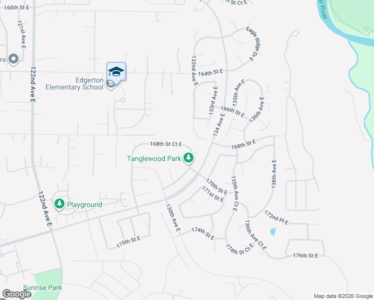map of restaurants, bars, coffee shops, grocery stores, and more near 13129 168th Street Court East in Puyallup