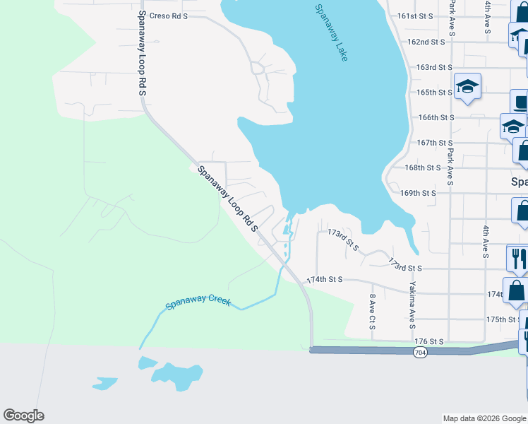 map of restaurants, bars, coffee shops, grocery stores, and more near 169TH Lake Side Drive South in Spanaway