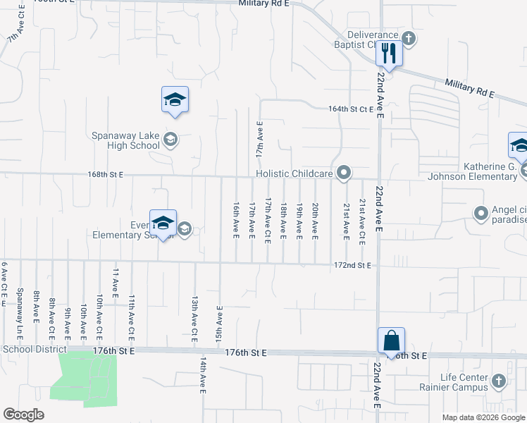 map of restaurants, bars, coffee shops, grocery stores, and more near 16911 17th Avenue East in Spanaway