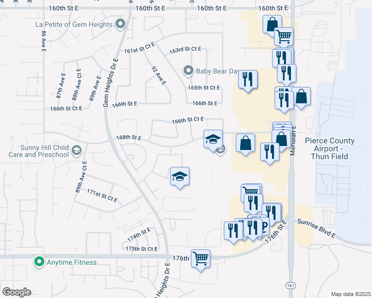 map of restaurants, bars, coffee shops, grocery stores, and more near 16801 95th Avenue East in Puyallup