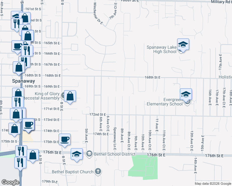 map of restaurants, bars, coffee shops, grocery stores, and more near 16912 7th Avenue Court East in Spanaway