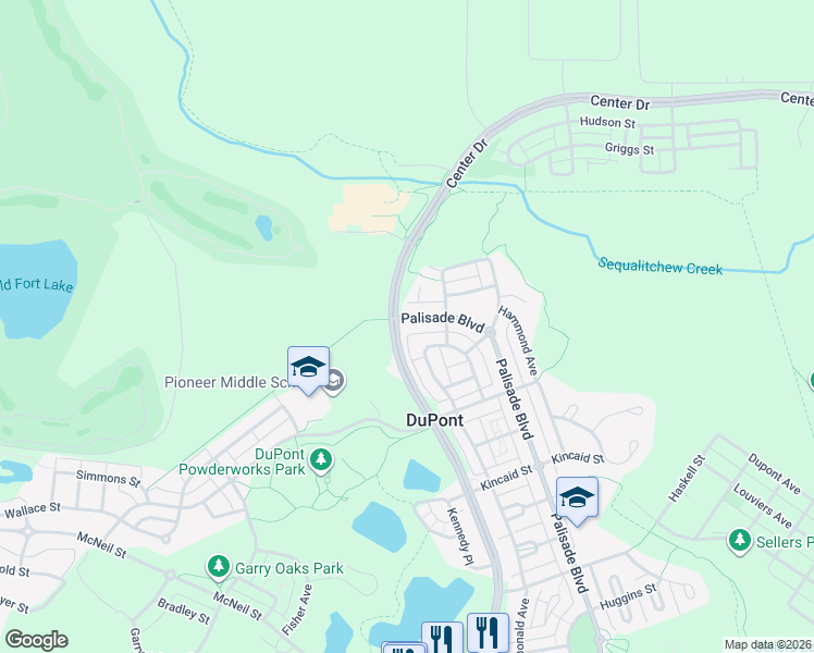 map of restaurants, bars, coffee shops, grocery stores, and more near 2291 Palisade Boulevard in DuPont