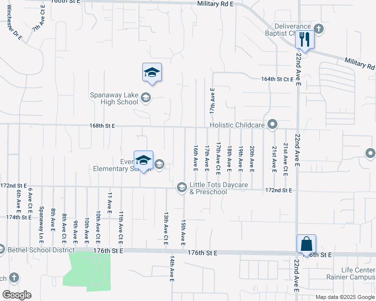 map of restaurants, bars, coffee shops, grocery stores, and more near 16910 16th Avenue East in Spanaway