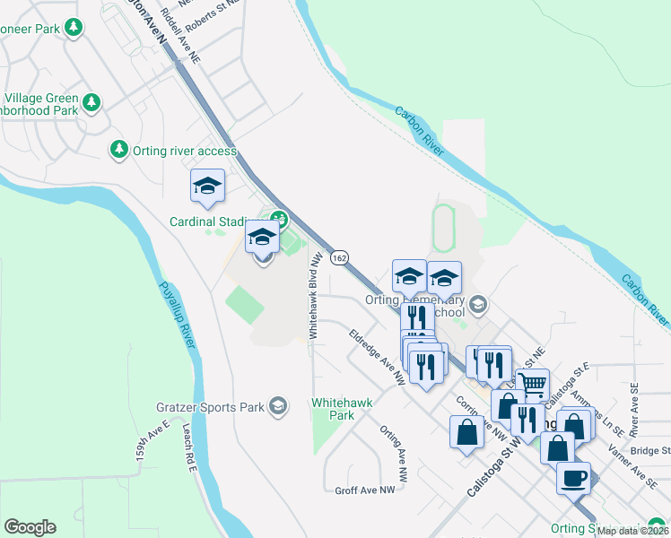 map of restaurants, bars, coffee shops, grocery stores, and more near 102 Corrin Court Northwest in Orting