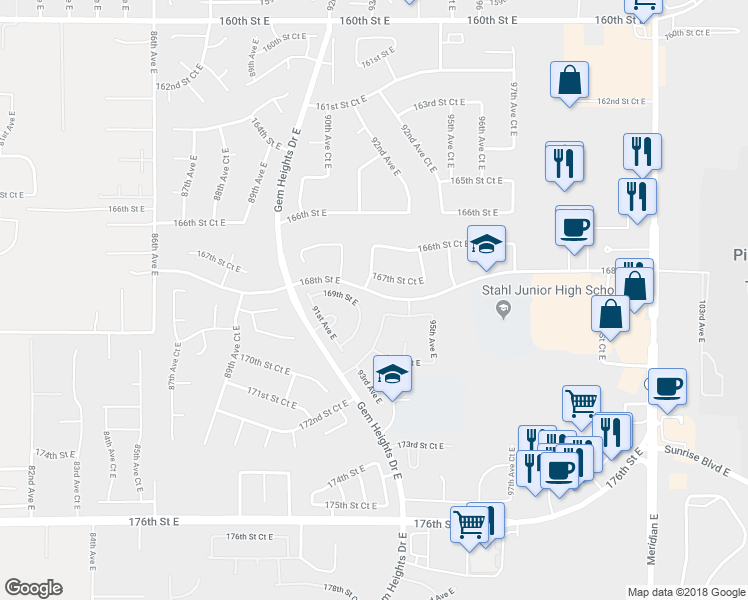 map of restaurants, bars, coffee shops, grocery stores, and more near 16802 93rd Avenue East in Puyallup