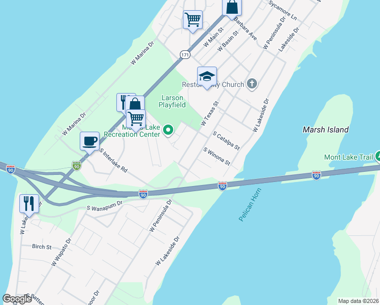 map of restaurants, bars, coffee shops, grocery stores, and more near 2633 West Texas Street in Moses Lake
