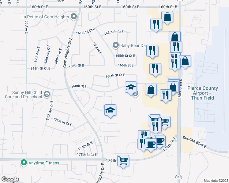 map of restaurants, bars, coffee shops, grocery stores, and more near 16801 95th Avenue East in Puyallup