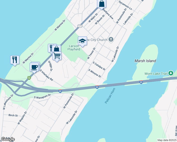 map of restaurants, bars, coffee shops, grocery stores, and more near 2707 West Peninsula Drive in Moses Lake