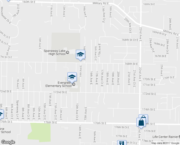 map of restaurants, bars, coffee shops, grocery stores, and more near 16910 16th Avenue East in Spanaway