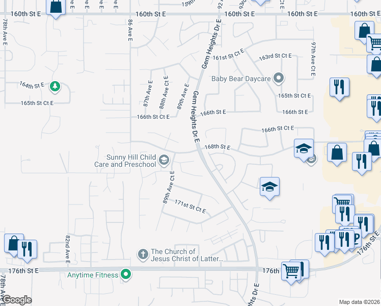 map of restaurants, bars, coffee shops, grocery stores, and more near 8919 168th Street East in Puyallup