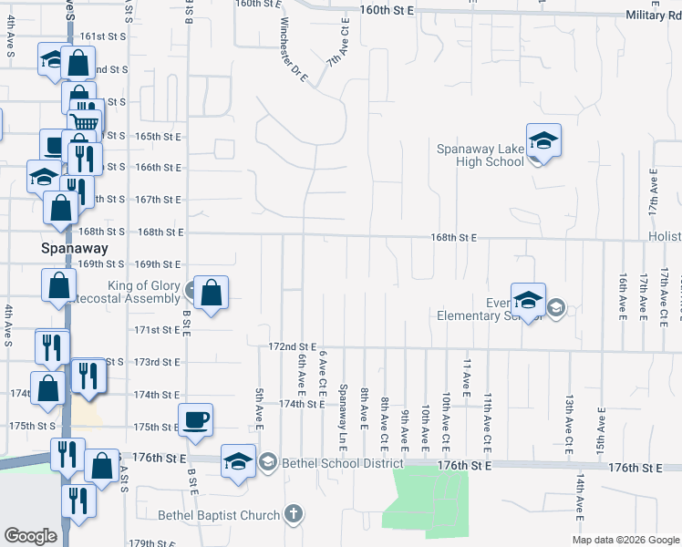 map of restaurants, bars, coffee shops, grocery stores, and more near 16912 7th Avenue Court East in Spanaway